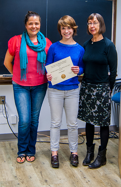 Graduate Student Advisor Rocio Sanchez, Runkel and Professor Pat Zambryski at the 2013-2014  Outstanding GSI Awards Ceremony